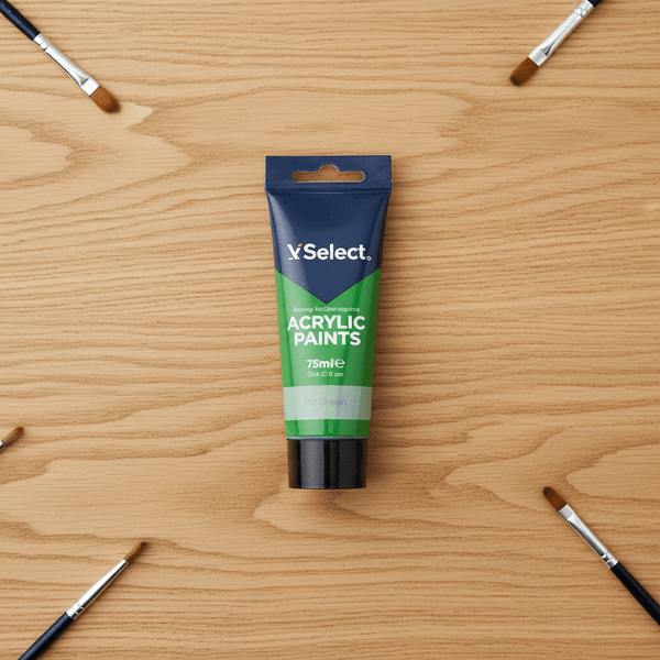 Acrylic Paint 75ml - Sap Green tube surrounded by paintbrushes on wooden surface.