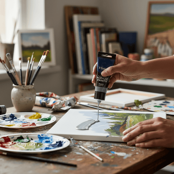 Acrylic Paint 75ml - Vandyke Brown being used in a cozy artist's studio with paint palettes and brushes.