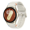Beige Smartwatch with Android OS displaying health metrics and time on a stylish white strap.