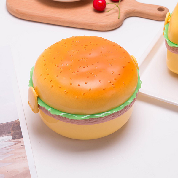 Adorable Burger-Style Double Layer Kids Lunch Box Container in hamburger shape, colorful and fun for kids.