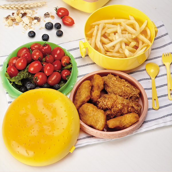 Adorable Burger-Style Double Layer Kids Lunch Box Container with colorful compartments holding food items