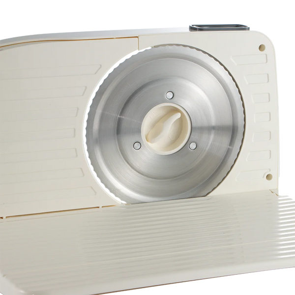 Foldable Electric Vegetable & Meat Slicer showing the stainless steel blade for precise slicing.