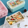 Airtight Compartment Lunch Box with compartments holding salad and rice, shown in various colors on a table.