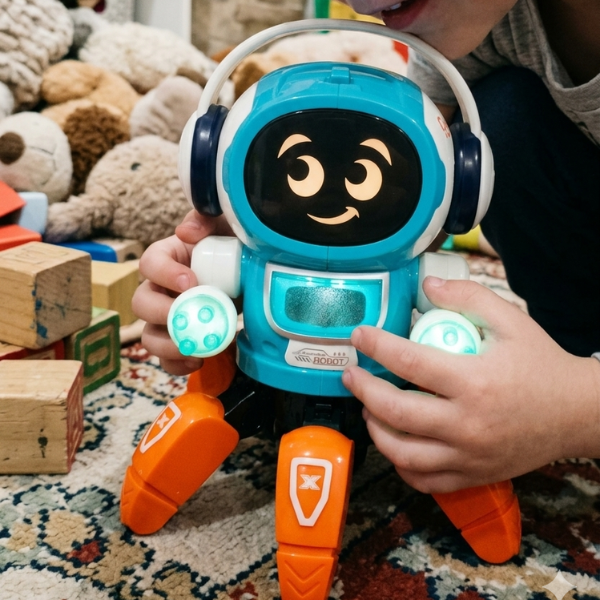 Remote Control Infrared Dancing Mini Robot engaged in playful interaction with child among colorful toys.