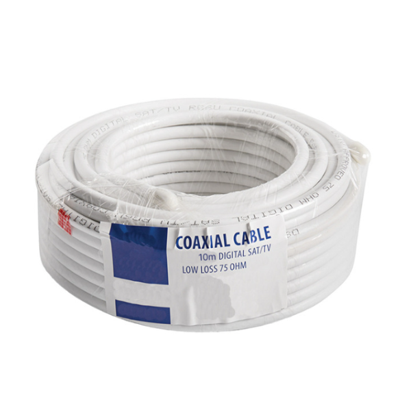 10 m RG6 Low Loss Coax Cable rolled up, designed for stable signal quality in TV and satellite installations.