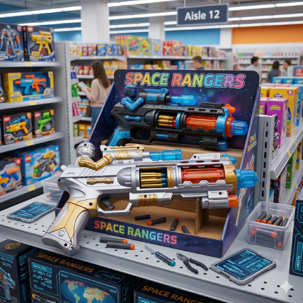 33CM Electric Light and Sound Submachine Toy Gun displayed in a colorful shelf featuring action-packed design.