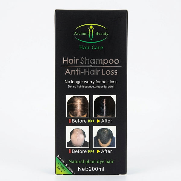 Anti Hair Loss Shampoo Natural Plant Extract packaging showing before and after results for thicker hair.