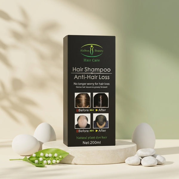 Anti Hair Loss Shampoo Natural Plant Extract packaging with before and after images promoting hair regrowth.