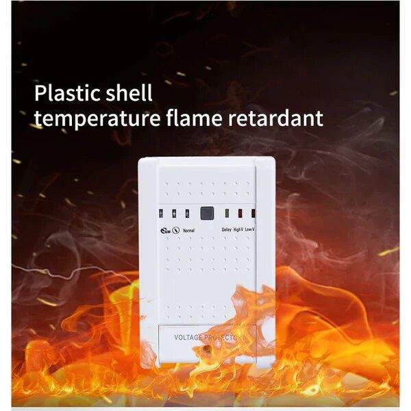 Appliance Electric Voltage Protector with flame-retardant plastic shell and indicator lights for safety.