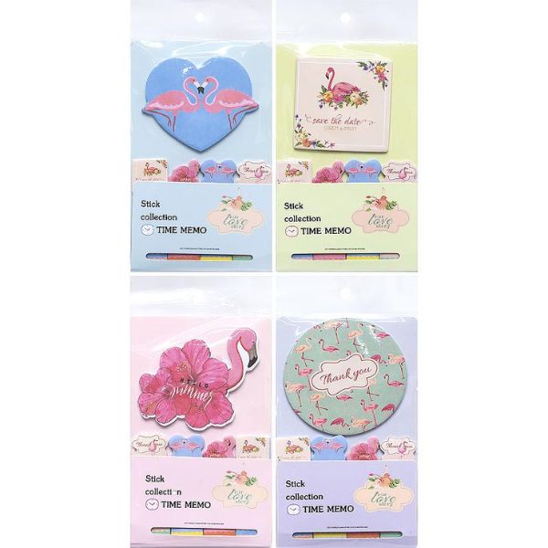 Assorted Colour Paper Sticky Note Set featuring decorative flamingo designs, ideal for reminders and notes.