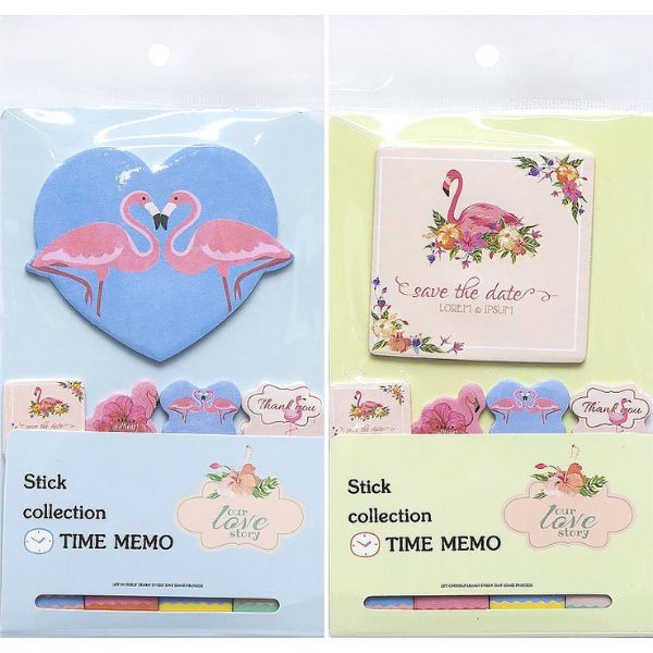 Assorted Colour Paper Sticky Note Set featuring flamingo designs and vibrant colors for organizing notes.