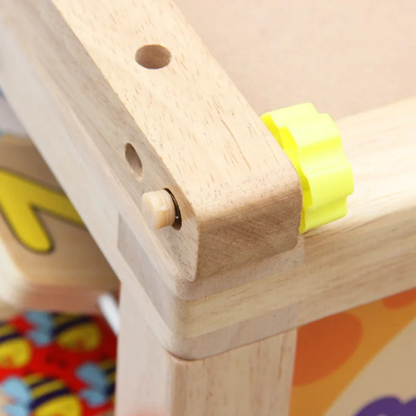Close-up of Baby Toys Wooden Montessori Beaded Maze showing wooden frame details and colorful components.