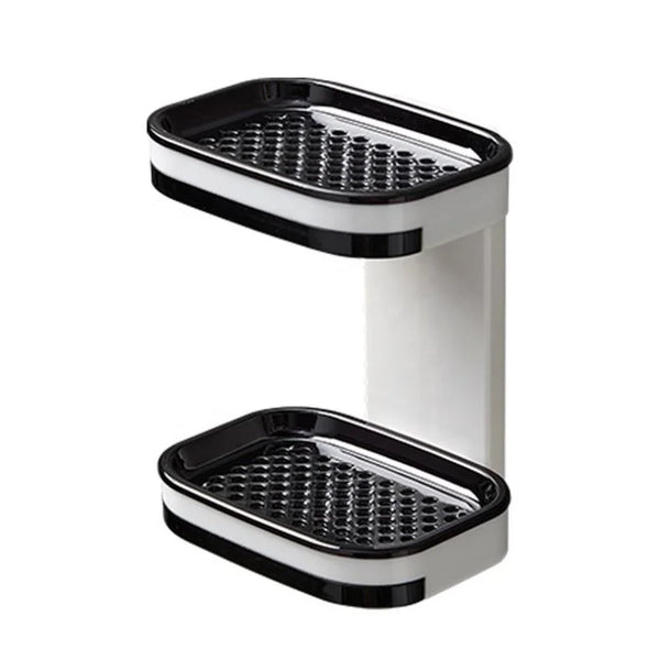 Bathroom Plastic Wall-mounted Double Layer Shelf for organizing shampoo and soap in small spaces.