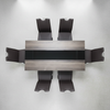 Black with Marble Lining Dining Room Table Set with modern chairs arranged around it.