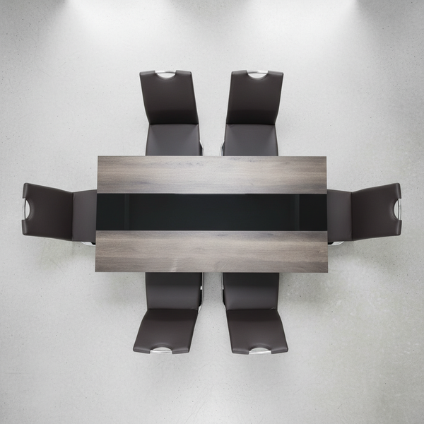 Black with Marble Lining Dining Room Table Set with modern chairs arranged around it.