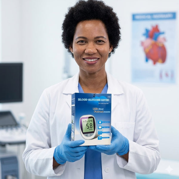 Healthcare professional holding a Blood Glucose Monitor Kit, showcasing its easy-to-use features for diabetes management.