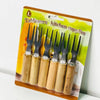 Set of 6 Stainless Steel Fruit Forks with Wooden Handles displayed in packaging for easy serving of fruit and snacks.