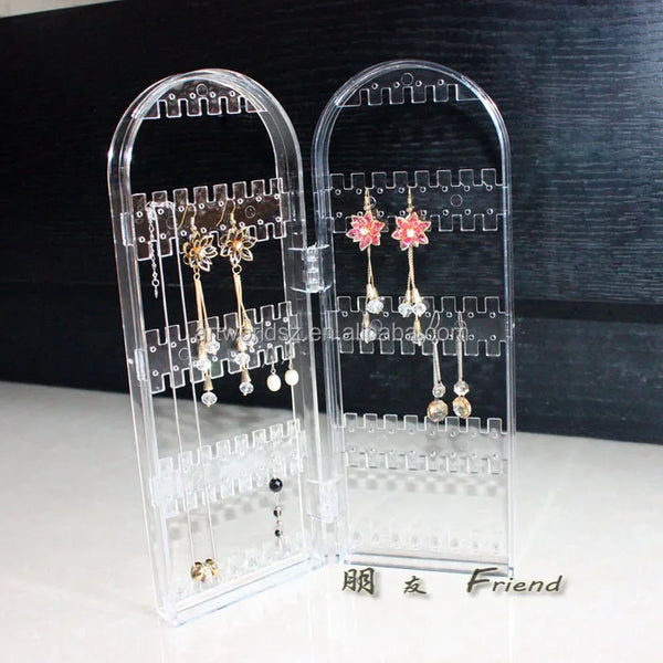 Capacity Plastic Folding Jewelry Holder displaying earrings in a clear, collapsible design to organize jewelry clutter.