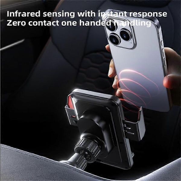 Car Mobile Wireless Charging Phone Holder in action with infrared sensing and one-handed handling.