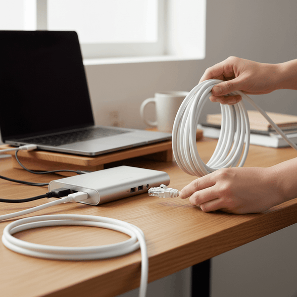 Cat-6E 10m High Speed 1000Mbps Ethernet Lan Cable connected to a laptop on a wooden desk.