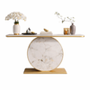 Modern Geometric Glass and Gold Console Table showcasing a chic design with a round marble base and contemporary decor.