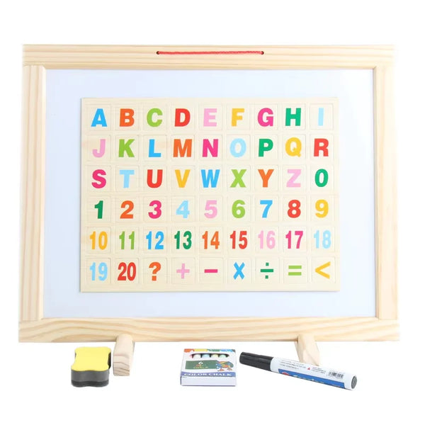 Children Wooden Double-sided Drawing Board with colorful letters and numbers for creative learning activities.