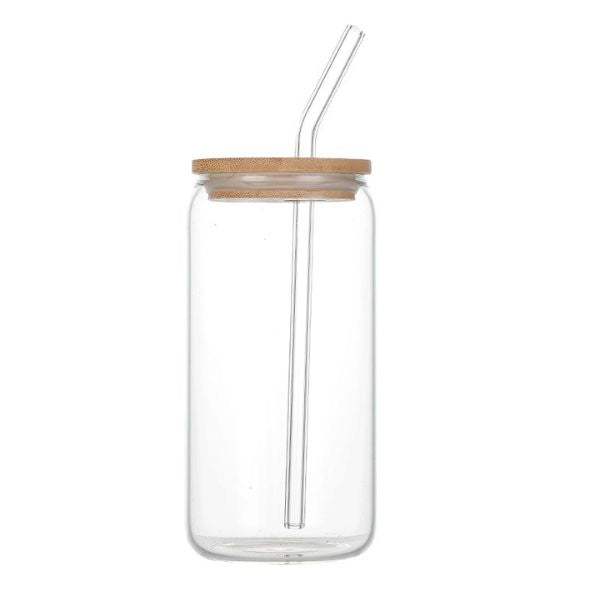 Clear Glass Tumbler with Bamboo Lid and Straw