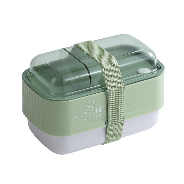 Collapsible Double-Layer Lunch Box in green with lid and strap for easy transport and storage.