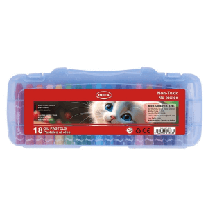 Colourful Wax Crayon Set - 18 Bright Shades in a transparent case featuring vibrant crayon colors and a non-toxic label.