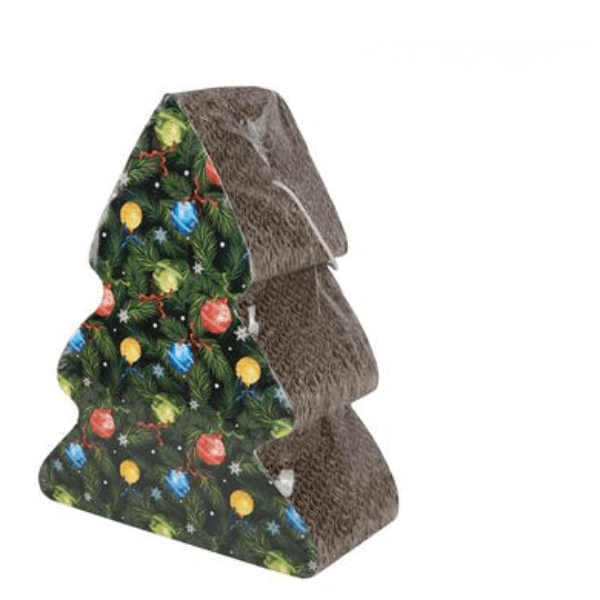Compact Cat Scratcher Pad styled as a Christmas tree, featuring festive colors and designs for holiday entertainment.