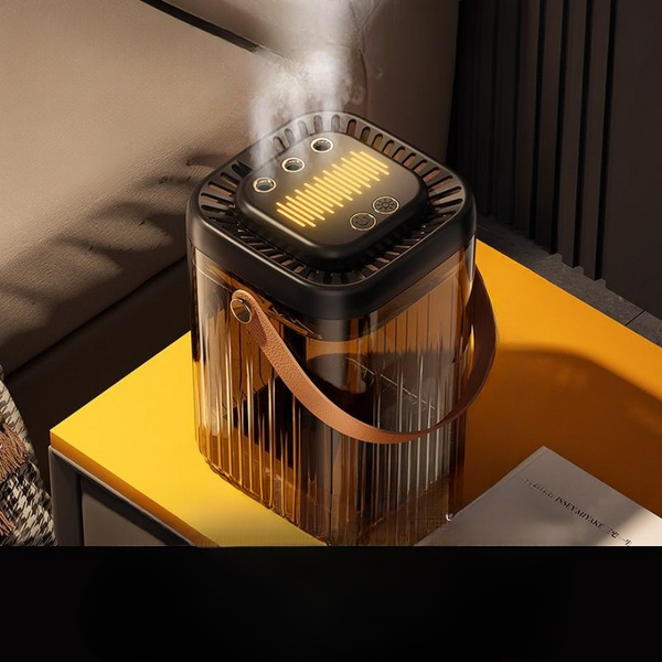 Compact USB Mini Humidifier on a table, emitting soothing mist for a comfortable atmosphere.