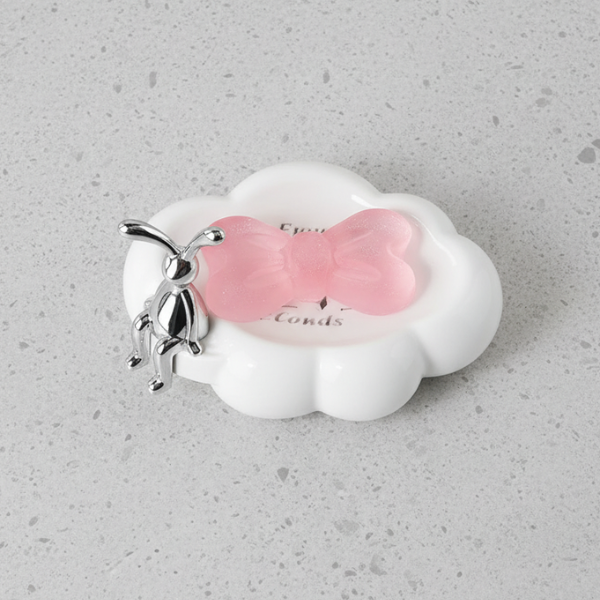 Cute Cloud Shape Soap Drain Tray with pink bow and bunny detail on a countertop.