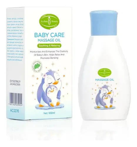 Vitamin E Soothing Baby Massage Oil in a bottle next to its packaging, designed for gentle infant care and hydration.