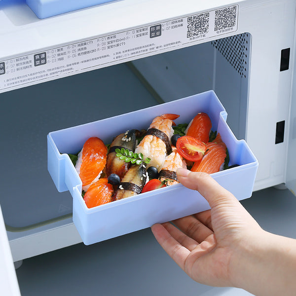 Double-Layer 1200 ml Plastic Lunch Box with Spoon holding sushi and vegetables, designed for microwave use.