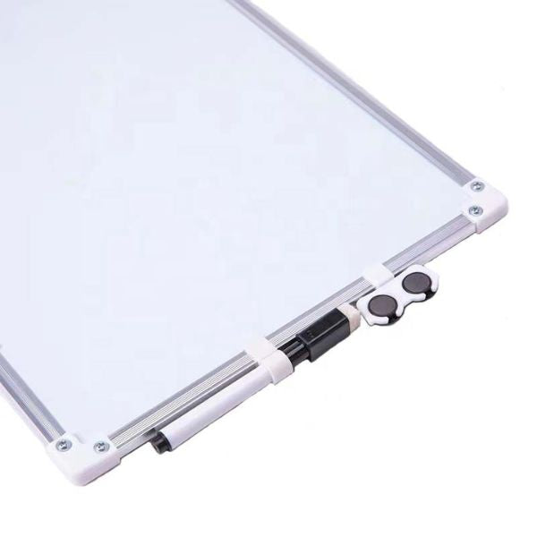 Close-up view of a Double-Sided Erasable Whiteboard featuring a sleek design and easy-to-use magnetic elements.