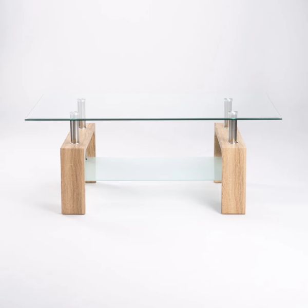 Modern Double Tier Glass Coffee Table featuring a sleek design with clear tempered glass and wooden legs.