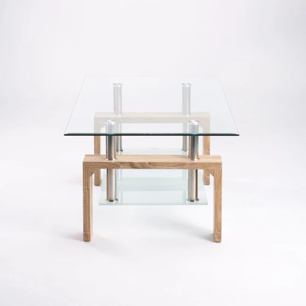 Modern Double Tier Glass Coffee Table with clear tempered glass and a wooden base.