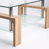 Modern Double Tier Glass Coffee Table with wooden legs and tempered glass top, showcasing contemporary design.