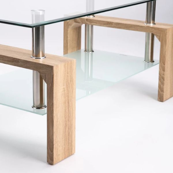 Modern Double Tier Glass Coffee Table with wooden legs and tempered glass top, showcasing contemporary design.