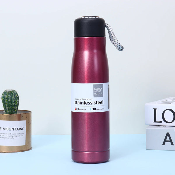 Dual Vacuum Insulated Stainless Steel Water Bottle in sleek maroon design with a durable lid and carrying strap.