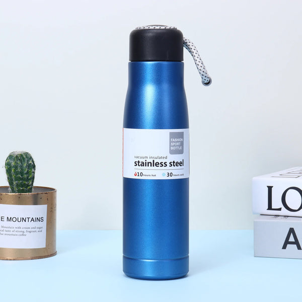 Dual Vacuum Insulated Stainless Steel Water Bottle in blue color with black lid and branding.