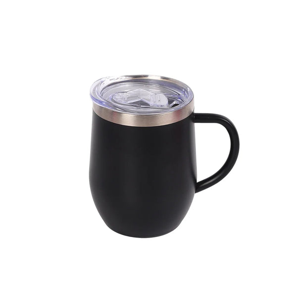 Eggshell Stainless Steel Coffee Cup with U-Shaped Belly and Lid in black with clear lid.