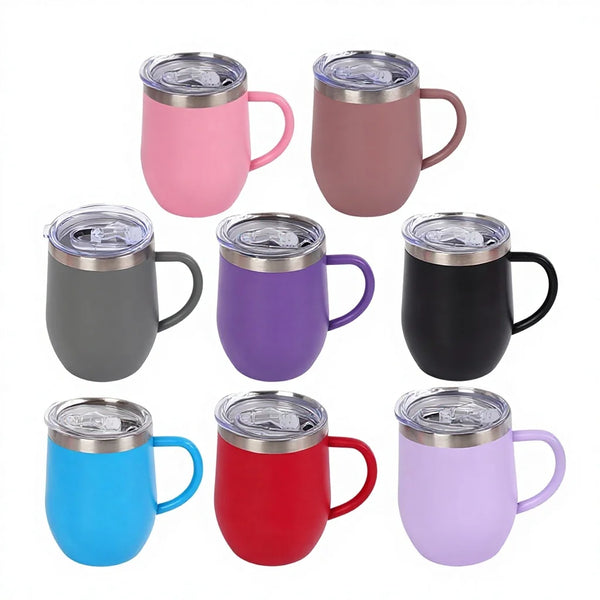 Eggshell Stainless Steel Coffee Cup with U-Shaped Belly and Lid in various colors and styles.