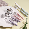 Elegant Pearl-Handled Stainless Steel Cutlery Set displayed on a plate featuring colorful handles in pastel shades.