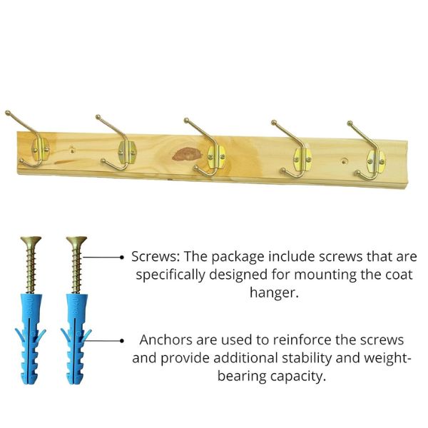 Wooden Wall-Mounted Coat Rack with hooks and mounting screws for easy installation and stability.