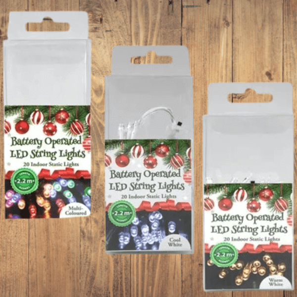 Festive Battery-Operated LED String Lights 2.2m packaging with multi-coloured, cool white, and warm white options.