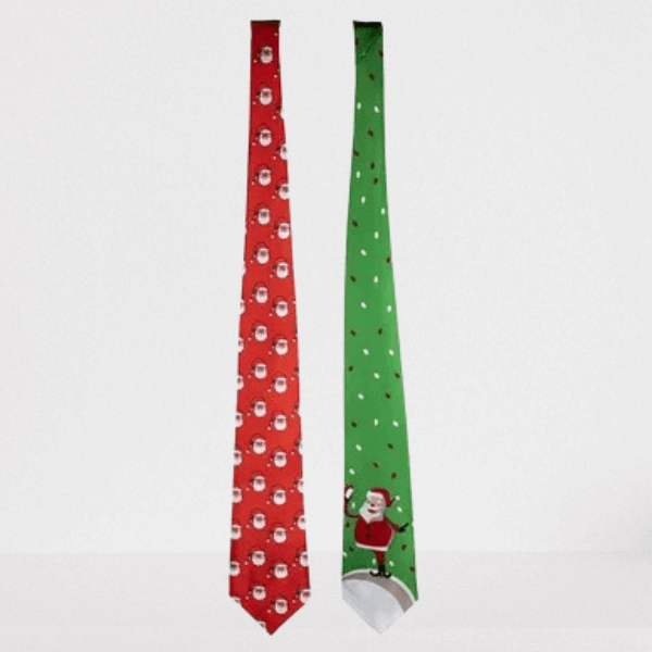 Festive Christmas Dress-Up Tie Assorted Designs 140 cm featuring red and green Santa-themed designs.