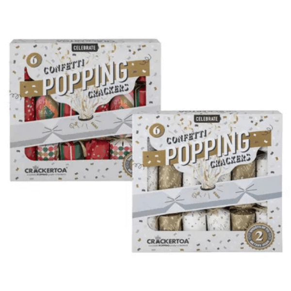 Festive Christmas Popper Crackers – 6 pcs Holiday Party Favourites packaging with colorful designs for festive celebrations.