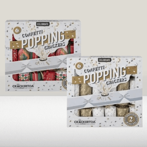 Festive Christmas Popper Crackers - 6 pcs Holiday Party Favourites in festive packaging with confetti.