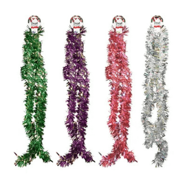 Festive Tinsel Garland 11cm x 2m in green, purple, red, and silver colors for holiday decoration.